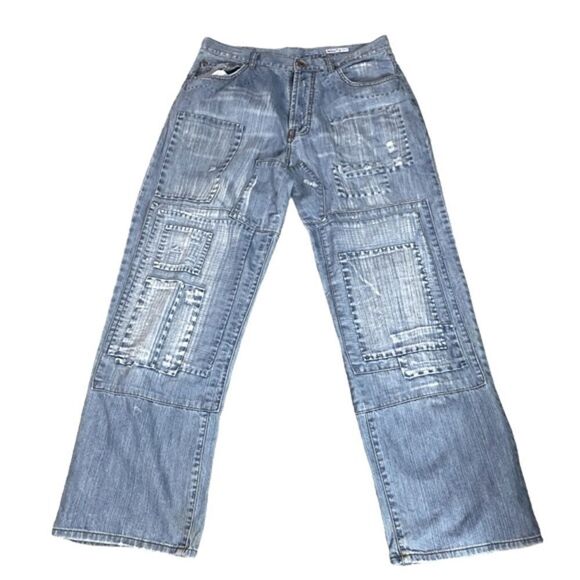 Azzure Patchwork Sz 36x34 Light Wash Button Fly Distressed Bootcut Denim Jeans - Picture 1 of 11